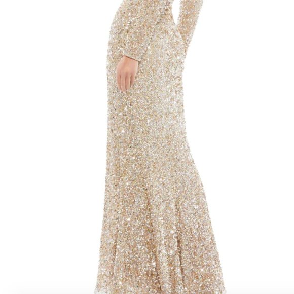 MAC DUGGAL 5510 PUFF SHOULDER SEQUIN SURPLICE SHIMMERING GOLD GOWN sz 16 - Picture 6 of 6